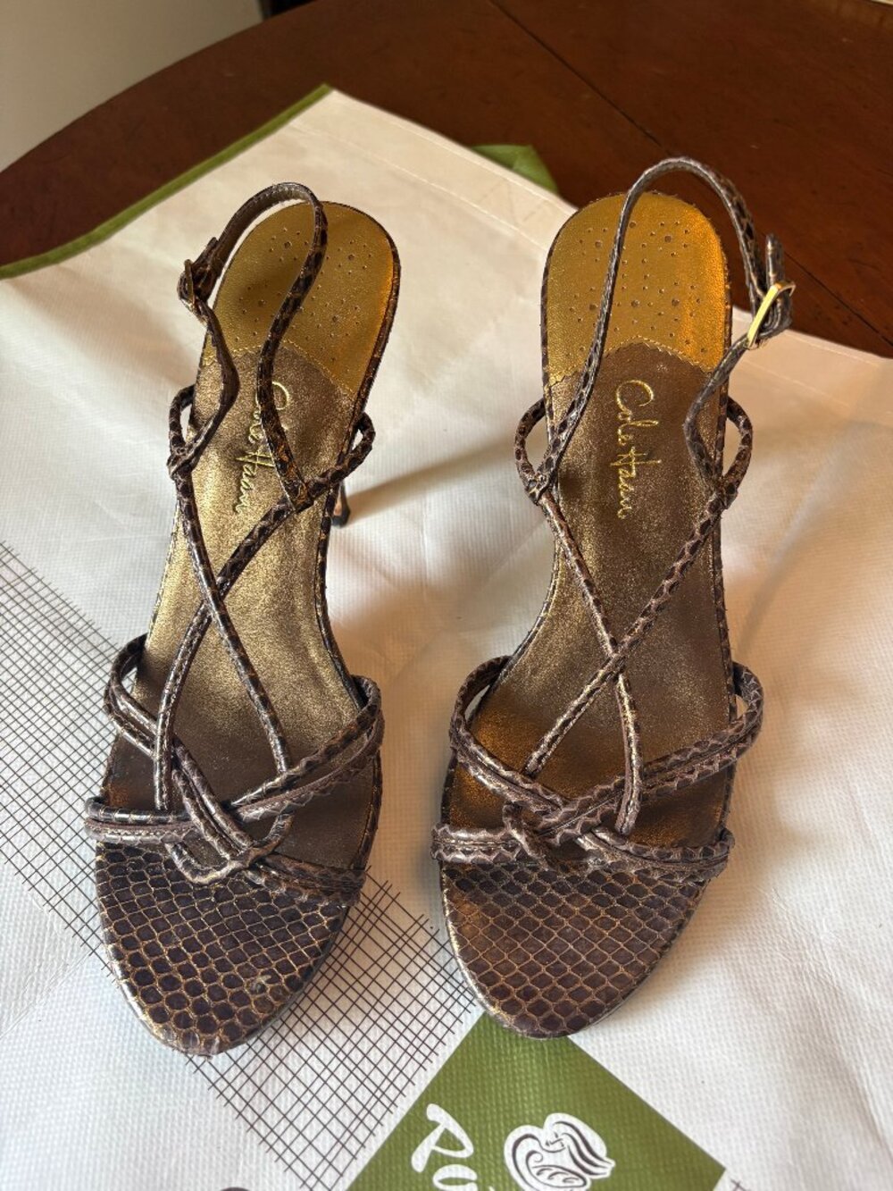 Cole Haan Nike Air 3" heels / sandals in bronze snakeskin. 8.5B.